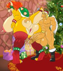 1boy 1girls anthro big_balls big_breasts big_penis boots boots_only bowser bracelet breasts christmas christmas_tree female female_bowser furry furry_female furry_male furry_only hand_on_ass hand_on_butt huge_balls huge_breasts huge_cock hyper_balls hyper_genitalia hyper_penis koopa koopa_troopa male male/female mario_(series) muscular_female muscular_male nintendo nipple_piercing nipples parakarry paratroopa piercing presents pubic_hair pussy_juice reptile rubykila rule_63 santa_hat sex shell shocking size_difference spiked_bracelet wings yellow_skin