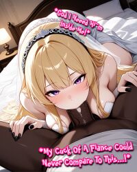 ahe_gao ai_generated black_nails blonde_hair blowjob bridal_gauntlets bridal_tiara bride cheating cheating_bride choker cleavage cuckolding cuckyboygeo daddy daddy_kink dark-skinned_male deepthroat earrings hand_on_head handjob heart heart-shaped_pupils heels holding_penis interracial interracial_sex male massive_breasts massive_penis netorare ntr penis penis_on_face purple_eyes qos queen_of_spades running_mascara runny_makeup stockings text tiara wedding_day wedding_day_sex wedding_dress wedding_tiara