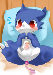 anal_toying balls bed big_eyes blush colored digimon dragon exposed leaning leaning_back looking_at_viewer male on_bed penis pillow red_eyes retracted_foreskin scalie sex_toy shy solo uncut veemon vibrator