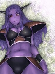 armor breasts brown_eyes captain_ginyu closed_mouth color dragon_ball dragon_ball_z female female_only front_view hair horns long_hair looking_at_viewer open_eyes purple_hair purple_skin round_ears rule_63 solo vein