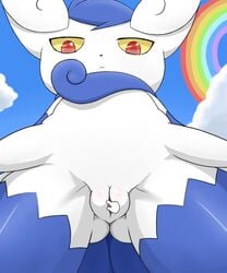 1girls female fingering from_below furry looking_down meowstic nude pokemon pokemon_xy pussy rainbow red_eyes solo