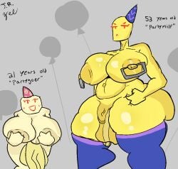 2futas age_difference backrooms balloon basic_background belly belly_button futanari grey_background hands_covering_nipples hyper large_breasts massive_ass massive_penis milf nipple_piercing nipples party_hat partygoer_(the_backrooms) red_eyes small_penis smiling squished_breasts the_backrooms therandombee thick_thighs thighhighs thighs tummy yellow_skin