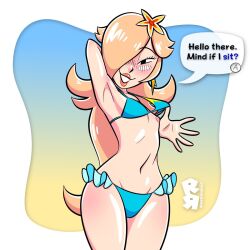 1girls 2d armpit armpit_fetish armpits artist_name athletic athletic_female bedroom_eyes bikini bikini_bottom bikini_pull bikini_top blonde-haired_female blonde_female blonde_hair blonde_hair_female blue_bikini blue_clothing blush bra_lift bra_pull breasts clothed clothing color digital_media_(artwork) english_text female female_only flower flower_in_hair frilled_panties frills gradient_background hair_over_one_eye half_closed_eyes human light-skinned_female light_skin lips lipstick long_hair mario_(series) mario_kart mario_kart_world narrowed_eyes navel nintendo nipples princess princess_rosalina pulling_clothing randomriot seductive shiny_hair shiny_skin skinny skinny_female small_breasts smile smiling_at_viewer solo squint stomach super_mario_bros. super_mario_galaxy super_smash_bros. teasing text text_box text_bubble thick_thighs thin_waist wardrobe_malfunction white_body