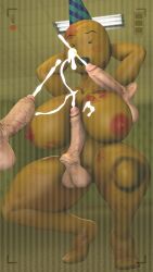 3boys 3d anonymous_male backrooms cum cum_on_breasts cum_on_face disembodied_penis naked partygoer_(the_backrooms) penis psychojohn2 psyjohn squatting straight the_backrooms toastbunsfm yellow_body