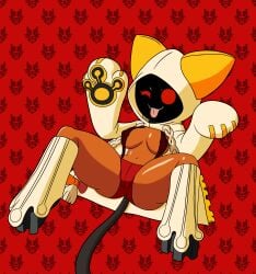 1girls arc_system_works blazblue breasts cat_ears catgirl dark-skinned_female dark_skin feline female hoodie kaka_(blazblue) mask masked masked_female red_eyes sharp_teeth tail tansau taokaka tongue tongue_out