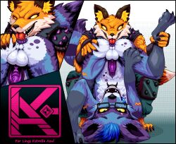 anal anthro anus blue blue_body bodily_fluids canid canine cum digital_media_(artwork) duo epic_games fennix fennix_(fortnite) fortnite fox fur gay genital_fluids genitals kaidart_abyssal kaidart_evallyssa licking lings lings_star male male/male mammal oral orange_body orange_fur paws penis pixel_(artwork) pixel_(disambiguation) procyonid raccoon rimming sex slime star tongue tongue_out