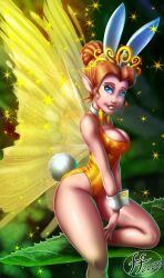 14-bis 1girls 2020s 2023 alternate_costume artist_logo blue_eyes breasts brown_hair bunny_ears bunnysuit cleavage clothing crown disney disney_fairies eyelashes eyes fairy fairy_wings female female_focus female_only fully_clothed glitter hair humanoid jpeg large_ears leaf lipstick makeup open_eyes outdoors pixie_dust pointy_ears queen queen_clarion revealing_clothes rubber rubber_clothing shiny_clothes solo sparkles swimsuit teeth tiara tie wings yellow_clothing