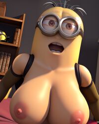 ai_generated areola areolae big_areola books bookshelf brown_eyes collarbone despicable_me girl goggles hair half-closed_eyes ivan minion mouth_open mtf_crossgender mtf_transformation nipples open_mouth sleeves squint squinted_eyes tagme tits tits_out what wtf yellow_body yellow_skin