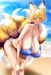 areola_slip beach big_breasts bikini blue_bikini blush fox fox_ears fox_girl fox_tail gigantic_breasts happy happy_female horny huge_breasts kitsune ran_yakumo touhou wildcat_(kusonemi)