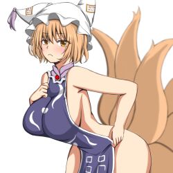 big_breasts blush breasts embarrassed embarrassed_female fox fox_ears fox_girl fox_tail gold_eyes kitsune mogura_(mogura108) naked_tabard ran_yakumo sideboob tabard tabard_with_breasts_exposed touhou