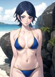 ai_generated beach bikini blue_eyes blue_hair devil_survivor_2 female hands_behind_back large_breasts looking_at_viewer sako_makoto shin_megami_tensei short_hair stable_diffusion standing upper_body