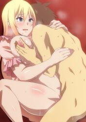 1boy 1boy1girl 1girls blonde_hair breast_grab breathing darkness_(konosuba) drool duo fondling_breast hara_(harayutaka) hugging hugging_partner kono_subarashii_sekai_ni_shukufuku_wo! satou_kazuma sex sleeping_gown sweat tearing_up tears