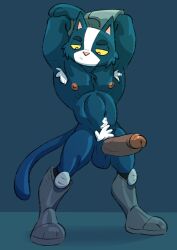 2023 anthro avocato balls blue_body blue_fur body_hair domestic_cat felid feline felis final_space fur genitals glans hi_res male mammal nipples penis posduroo simple_background solo ventrexian white_body white_fur