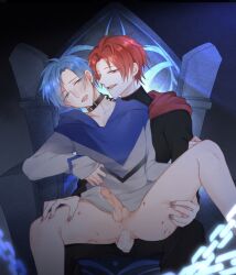 2boys bite_marks blue_hair blush choker green_eyes hickeys holostars holostars_english holostars_english_-tempus- machina_x_flayon male/male penis red_eyes red_hair regis_altare selfcest throne virtual_youtuber vtuber yaoi