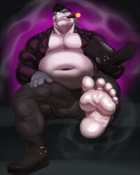 1boy bara bara_tiddies bara_tits bhm big_belly big_chest big_pecs big_penis biker boots bulge cigar erect_penis erection feet huge_bulge huge_cock justmegabenewell male male_only overweight overweight_male pecs presenting_feet presenting_foot shark