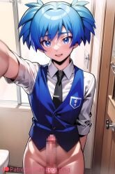 ai_generated anime_nose assassination_classroom big_penis blue_eyes blue_hair blush bottomless day hair_between_eyes hanako_king human large_penis looking_at_viewer male male_only mosaic_censoring nervous nervous_smile no_pants presenting presenting_penis school_uniform selfie shaved_crotch shiota_nagisa solo standing sunlight toony twintails white_skin window