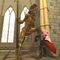 canid canine dark_souls disney dragon_slayer_ornstein elitedog female fox fromsoftware genitals gold_body hi_res humanoid_genitalia humanoid_penis maid_marian male male/female mammal penis pose robin_hood_(disney)