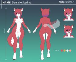 anthro blush canid canine canis danielle_sterling_(spitfire420007) female front_view fur genitals karmanseph looking_at_viewer mammal model_sheet nipples nude open_mouth pink_nipples pussy rear_view red_body red_fur smile solo standing white_body white_fur wolf yellow_eyes