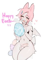 2022 accessory anthro balls biped closed_eyes colored digital_media_(artwork) easter easter_egg egg fur genitals girly hair hair_accessory hairclip happy heart hi_res holidays lagomorph leporid male mammal mikosi navel nude pink_body pink_hair rabbit simple_background smile solo tail teeth wings