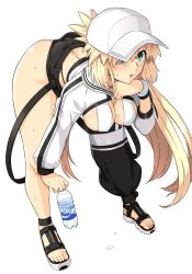 1girls artoria_pendragon artoria_pendragon_(caster) bent_over blonde_hair fate_(series) haruhisky hat shorts solo tagme water water_bottle