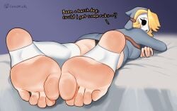 barefoot bed black_panties blonde_hair breasts dialogue english english_text feet foot_fetish foot_focus grey_clothing hair_over_one_eye legwear loodrick looking_at_viewer looking_back lying_on_bed lying_on_stomach mario_(series) mask nintendo oc on_stomach original_character pale-skinned_female pale_skin presenting presenting_feet scar short_hair shy_gal soles solo solo_female solo_focus stirrup_legwear text toes watermark white_legwear