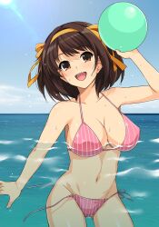 1girls armpits arms_up ball beach bikini brown_eyes brown_hair hair_ribbon haruhisky ocean partially_underwater smiling suzumiya_haruhi suzumiya_haruhi_no_yuuutsu tie_undone