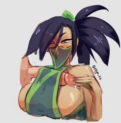 1boy 1boy1girl 1girls akali big_breasts big_penis black_hair blush bursting_breasts erection female league_of_legends male masked_female ponytail precum riot_games veil zdecielo