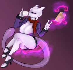 absurd_res anthro beverage big_breasts bottomwear breasts clipboard clothing coffee crossed_legs female female_mewtwo floating generation_1_pokemon genitals hi_res legendary_pokemon mew_tuely_(fan_character) mewtwo nintendo nipple_slip nipples pokemon pokemon_(species) pussy scarf selissa skirt suit