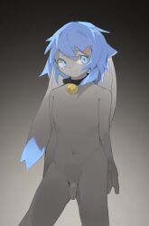 2023 anthro blue_eyes blue_hair blush collar collar_bell collar_only flaccid fur genitals hair hi_res humanoid_genitalia humanoid_penis lagomorph leporid long_ears looking_at_viewer male mammal navel nude penis rabbit simple_background solo standing tiao47857998 white_body white_fur