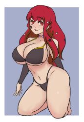 1girls alternate_costume bangs bare_thighs bikini black_bikini black_swimsuit breasts cleavage facial_tattoo female female_only fire_emblem fire_emblem_engage hair_ornament huge_breasts in2naps kneeling large_breasts long_hair looking_at_viewer nintendo open_mouth red_eyes red_hair sideboob smile solo star star_(symbol) swimsuit tattoo thick_thighs thighs underboob yunaka_(fire_emblem)