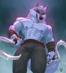 1boy 2023 anthro barazoku bulge canid canine canis claws clothing death_(puss_in_boots) dreamworks fangs fur furry gay hi_res highres lion21 looking_at_viewer male male_focus male_nipples male_only mammal manly muscular_anthro muscular_male nipples puss_in_boots_(dreamworks) puss_in_boots_the_last_wish solo solo_male teeth teeth_visible white_body white_fur wolf