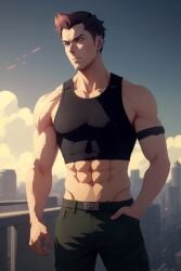 1boy 1male 1man abs ai_generated armwear black_pants black_shirt brown_eyes facial_hair hi_res looking_away male male_only muscular muscular_arms muscular_chest muscular_legs muscular_male muscular_neck oc original original_character pants purple_hair questionable tall_male tan_skin tank_top tight_clothing twitter varityart