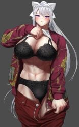 1futa abs bra breasts bulge cleavage clothed clothing futa_only futanari higuchi_kaede huge_breasts human ike_(artist) large_breasts light-skinned_futanari light_skin lingerie long_hair muscular muscular_futanari nijisanji panties partially_clothed solo solo_futa standing underwear undressing virtual_youtuber