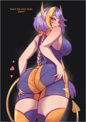 ass ass_focus ass_grab blue_hair braid braided_hair breasts clothed clothing cute devil_tail elf_ears female female_focus female_only golden_eyes hair_ribbon heart-shaped_pupils hips horn horns kika_(marko141) looking_back looking_down marko141 oc orange_hair original original_character painted_nails pantylines pointy_ears ribbon skin_tight soft_ass soft_breasts succubus tagme tail text tight_clothes tight_clothing tight_fit wide_hips yellow_eyes yellow_hair