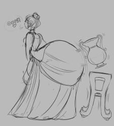 1girls big_ass clothed dress female female_only hair_bun knocking_over only_female sketch table tagme