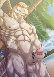 abs anthor anthro balls beach biceps bodily_fluids butterfingers circumcised cum erection genital_fluids genitals hi_res humanoid humanoid_genitalia humanoid_penis male masturbation mike_houston muscular muscular_male nipples obliques pecs penis seaside solo teeth tongue triceps vein