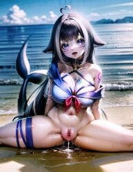 1girls ahoge ai_generated beach bikini black_hair bottomless cetacean halterneck heart_ahoge indie_virtual_youtuber mizaraiart ocean open_mouth outdoors puddle purple_eyes pussy pussy_juice pussy_juice_drip sailor_collar sailor_uniform saliva sand shylily solo splits spread_legs stable_diffusion streaked_hair tagme tattoo thick_thighs thigh_strap tongue_out virtual_youtuber