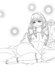 /// 1girls arms_behind_back ass ball_gag bed big_breasts black_and_white blush bondage breasts cushion female female_only human kengan_(series) kengan_ashura kurayoshi_rino light-skinned_female long_hair looking_at_viewer monochrome nipples nude pillow ringlets