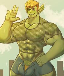 4_ears balls bara bara_tits big_balls big_pecs big_penis bulge facial_hair male male_only mesh mesh_shirt muscles muscular oc open_fly original_character penis pointy_ears pteroscreams salvador_(pteroscreams) shirt shorts solo solo_male