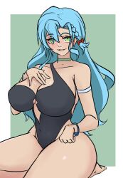 1girls alternate_costume bare_shoulders bare_thighs black_one-piece_swimsuit black_swimsuit blue_hair braid breasts center_opening chloe_(fire_emblem) choker cleavage collarbone female female_only fire_emblem fire_emblem_engage green_eyes in2naps kneeling large_breasts long_hair looking_at_viewer nintendo one-piece_swimsuit open_mouth shoulders solo swimsuit thick_thighs thighs very_long_hair