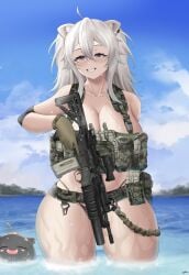 1girls animal_ears assault_rifle beach big_hips big_thighs bikini braless camouflage_clothing child_bearing_hips cleavage fan_mascot_(vtuber) female gloves gun hololive hololive_gen_5 hololive_japan huge_breasts huge_hips lion_ears lion_girl lion_tail lioness military_uniform muscleboii pierced_ears piercing scope sea seaside shishiro_botan smile smiling smiling_at_viewer solo ssrb ssrb_(shishiro_botan) tactical_gear tactical_vest thick_thighs thong thong_panties thong_underwear twintails virtual_youtuber voluptuous water weapon wet white_hair wide_hips