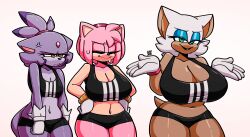 3girls adidas amy_rose anger_symbol angry annoyed annoyed_expression anthro anthro_female anthro_focus anthro_only big_breasts blaze_the_cat blindstash blue_eyeshadow breast_envy breast_size_difference breasts cleavage clothing comparison contest eyelashes eyeshadow feline feline_humanoid female furry green_eyes huge_breasts looking_at_viewer makeup mammal_humanoid medium_support_(meme) meme pink_body pink_fur pink_hair purple_body purple_fur purple_hair rouge_the_bat skimpy small_breasts smile smug smug_grin sonic_(series) sonic_the_hedgehog_(series) sports_bra sweat tail thick_thighs thighs twitter_meme upset white_hair yellow_eyes