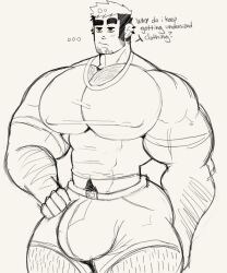 alex_(pteroscreams) balls bara bara_tits big_balls big_pecs big_penis body_hair bulge clothing fully_clothed male male_only monochrome muscles muscular oc original_character penis pteroscreams shirt shorts solo solo_male text tight_clothing