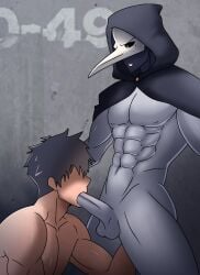 2boys alternate_version_available anime_style anon big_penis black_clothing black_hair bottomless closed_eyes color colored d-class dark_background duo ejaculation erect_penis erection eyeless eyeless_male fellatio gay gloves grey_background grey_penis highres human humanoid humanoid_on_human humanoid_penis imminent_cumshot imminent_orgasm long_penis looking_at_penis looking_down male male_focus male_only mask masked masked_male muscular muscular_male nude on_knees oral penis pink_glans plague_doctor scp scp-049 scp_containment_breach scp_foundation sharp_teeth submissive submissive_male teeth testicles topwear yaoi yellow_eyes zeta_ka