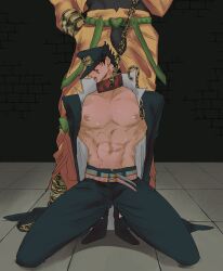 2boys black_hair black_hair_bottom blonde_hair blonde_hair_on_black_hair blonde_hair_top collar dio_brando domination exposed_pecs gay jojo's_bizarre_adventure jotaro_kujo light_hair_on_dark_hair male male/male male_nipples male_only maledom malesub muscles muscular_male open_clothes pecs stardust_crusaders submissive_male yaoi