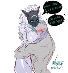 1boy 1boy1girl 1girls anon anthro anthro_female big_breasts blush breasts caprine comforting cuddling dominant_female embrace face_in_breasts faceless_male female female_anthro female_focus female_furry fur furry furry_female furry_only grey_body grey_fur grey_hair hugging human human_male interspecies kindred lamb_(league_of_legends) league_of_legends light-skinned_female male male/female male_human/female_anthro mammal mammal_humanoid mask masked masked_female no_nipples nude nude_female nude_male passionate riot_games sheep shinda292 smaller_male speech_bubble standing taller_female thick white_body white_fur white_hair wholesome