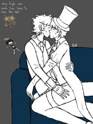 2boys artist_self-insert artist_signature blush chest_hair closed_eyes couch dr_seuss earrings femboy gay gloves ibispaintx illumination_entertainment kissing male_focus necklace oc_x_canon once-ler original_character partially_clothed self_upload sitting_on_lap submissive_male suit sweating the_lorax thigh_highs toesock69_(artist) top_hat uncolored underwear universal_studios vincent_(toesock69)