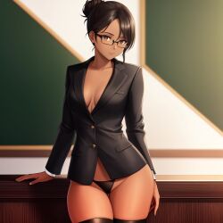 1girls ai_generated aihentai.co anything_diffusion bangs black_clothing black_eyes black_hair black_suit black_thighhighs blackboard breasts classroom cleavage female front_view glasses hair_bun leaning leaning_on_table lecture long_sleeves looking_at_viewer medium_breasts navel original_character serious serious_look sex_ed sex_education solo stable_diffusion standing stern stern_expression suit tan tanned tanned_female tanned_skin teacher thighhighs thong tied_hair