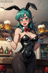 1girls ai_generated alcohol bare_shoulders beer big_breasts black_leotard black_pantyhose blue_eyes bow breasts bulma_(bunny) bulma_briefs bunny_ears bunny_tail cleavage covered_navel detached_collar dragon_ball eyelashes fake_animal_ears fake_tail female holding_tray hourglass_figure indoors large_breasts legwear leotard long_hair mug no_bra open_mouth pantyhose playboy_bunny red_bowtie slim slim_waist smile solo standing tagme tavern teeth thick_thighs tray vertiloart waitress wrist_cuffs