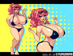 1girls ass barefoot bikini black_bikini blue_eyes breasts cleavage eyewear_on_head full_body hair_ornament huge_breasts jewelry long_hair looking_at_viewer navel necklace open_mouth pink_hair pixel_art pointy_ears ponytail scrunchie smile solo standing sunglasses swimsuit yumurama